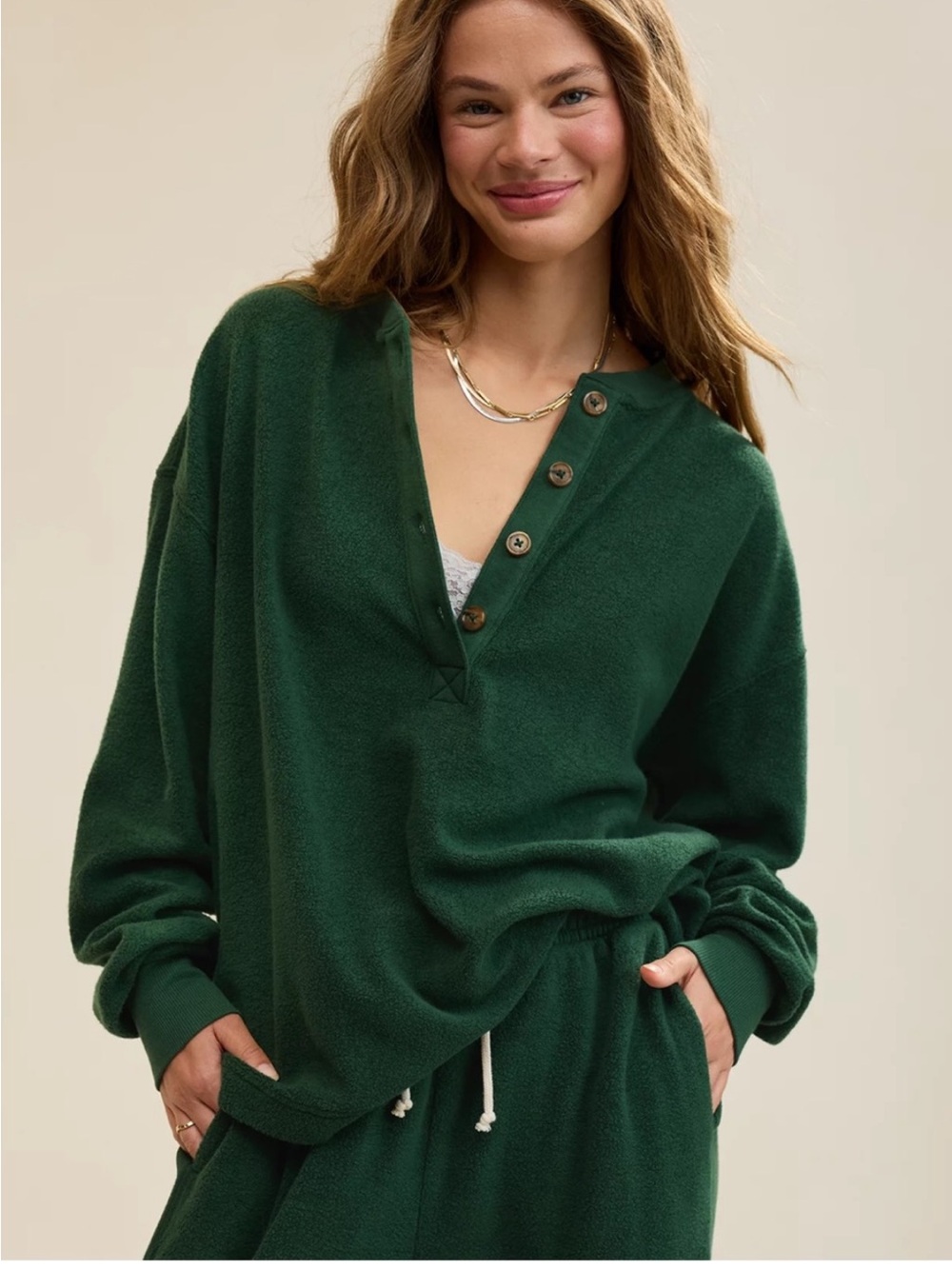 NWT Aerie Sherpa Henley sweatshirt Size XL Rugged Green